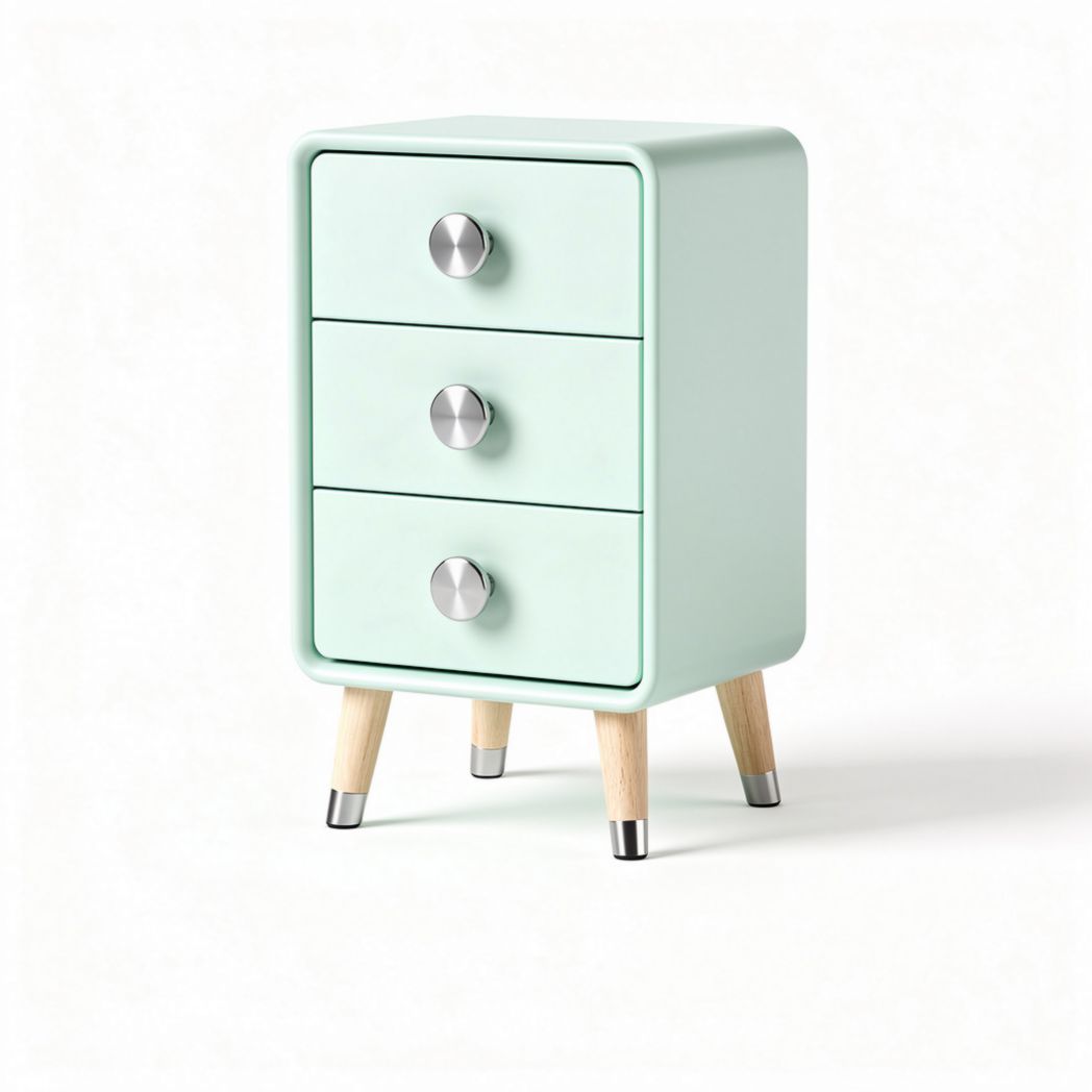 Mint green nightstand with three drawers and wooden legs 35 x 30 x 60cm