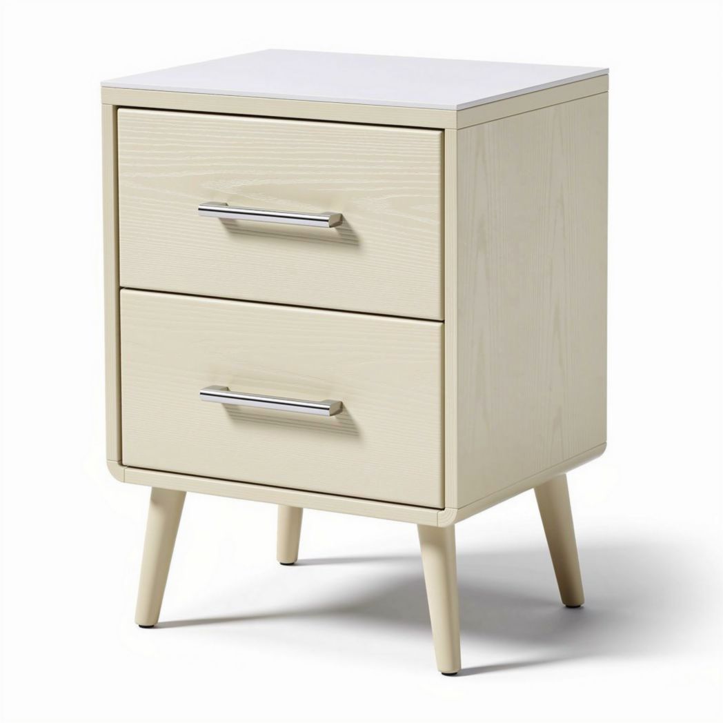 Modern nightstand with two drawers in beige wood and silver handles 40 x 35 x 50cm