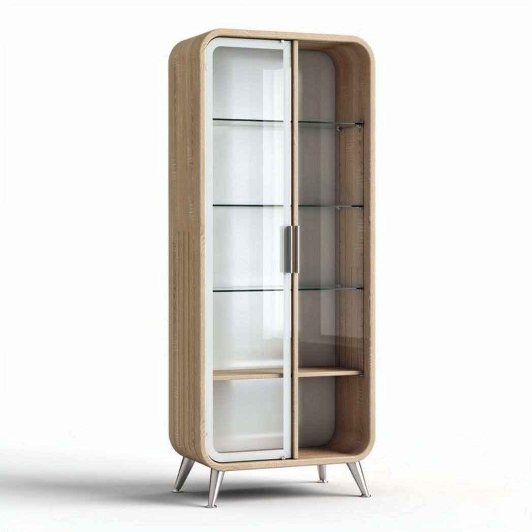Glass display cabinet with wooden frame and metal legs 80 x 40 x 180cm