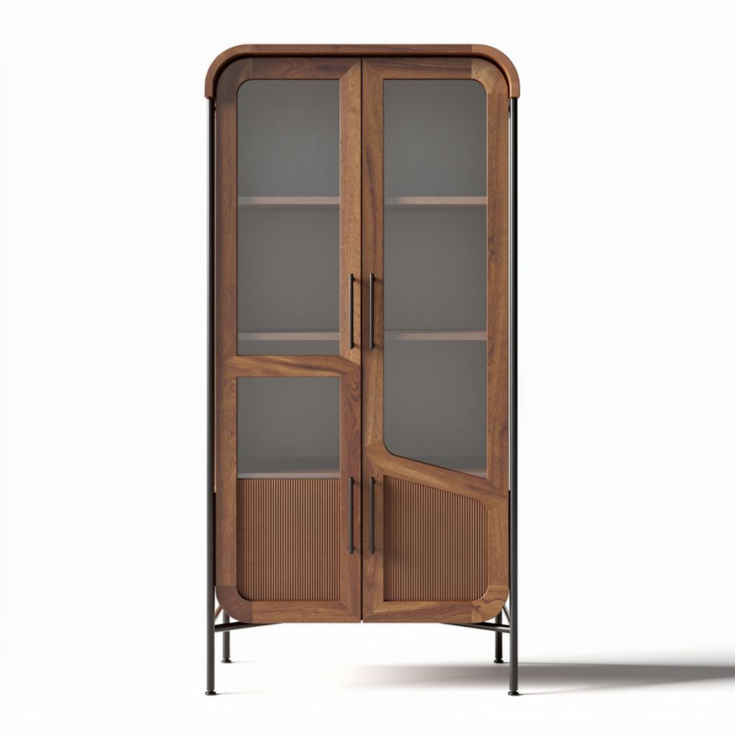 Wooden glass display cabinet with metal frame and adjustable shelves 80 x 40 x 180cm