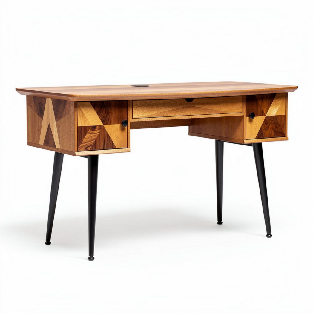 Wooden desk with geometric design and black metal legs 120 x 60 x 75cm