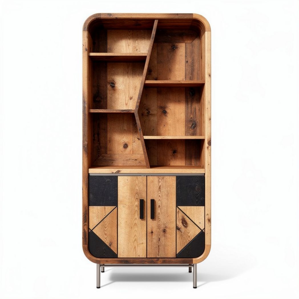 Wooden bookshelf with geometric design and two-door cabinet 150 x 70 x 40cm