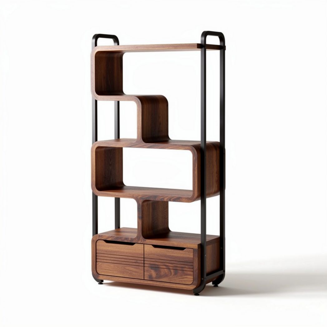 Wooden bookshelf with metal frame and two drawers for storage 120 x 40 x 180cm