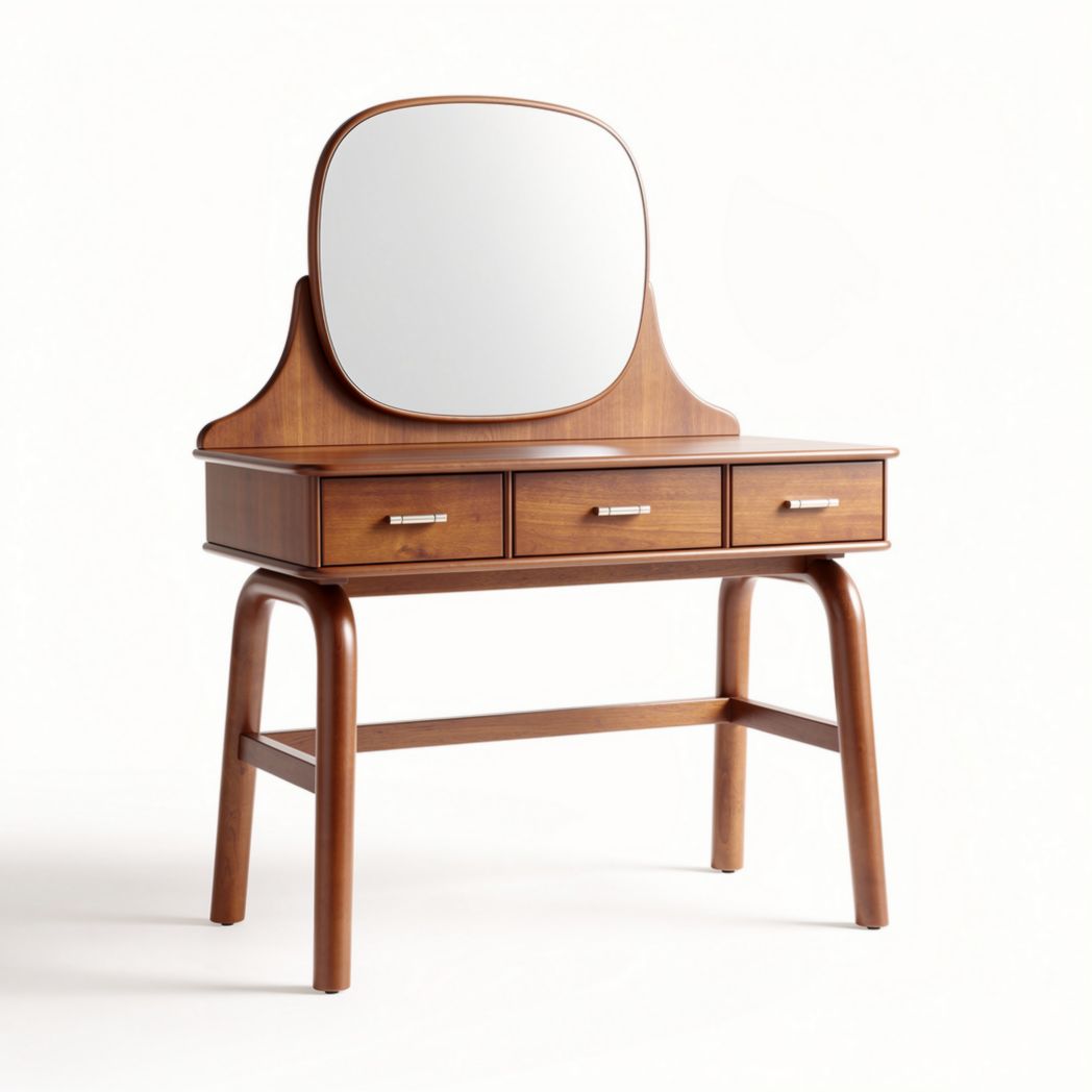 Wooden vanity table with mirror and three drawers in walnut finish