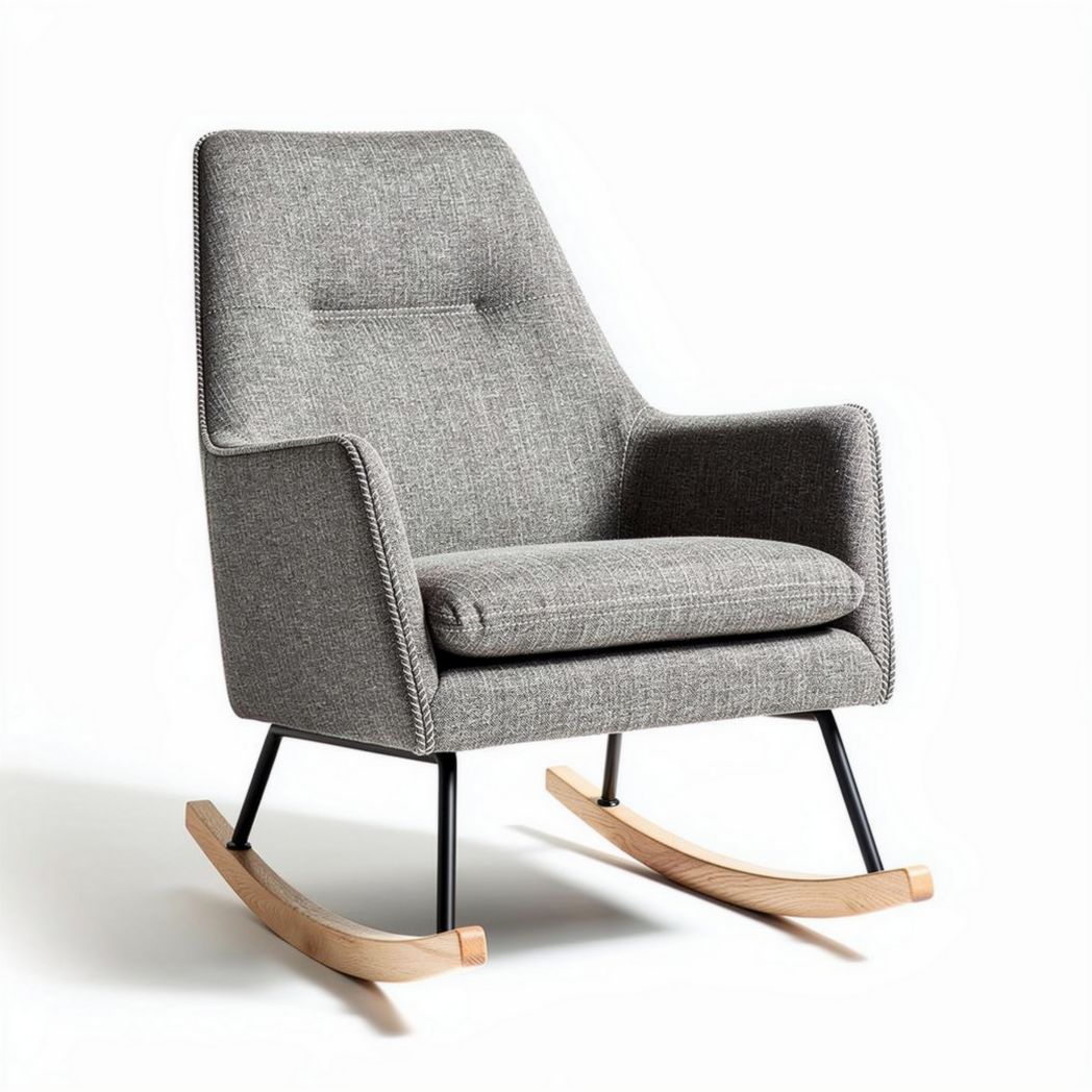 Rocking chair with upholstered gray fabric and natural wood base 80 x 70 x 90cm