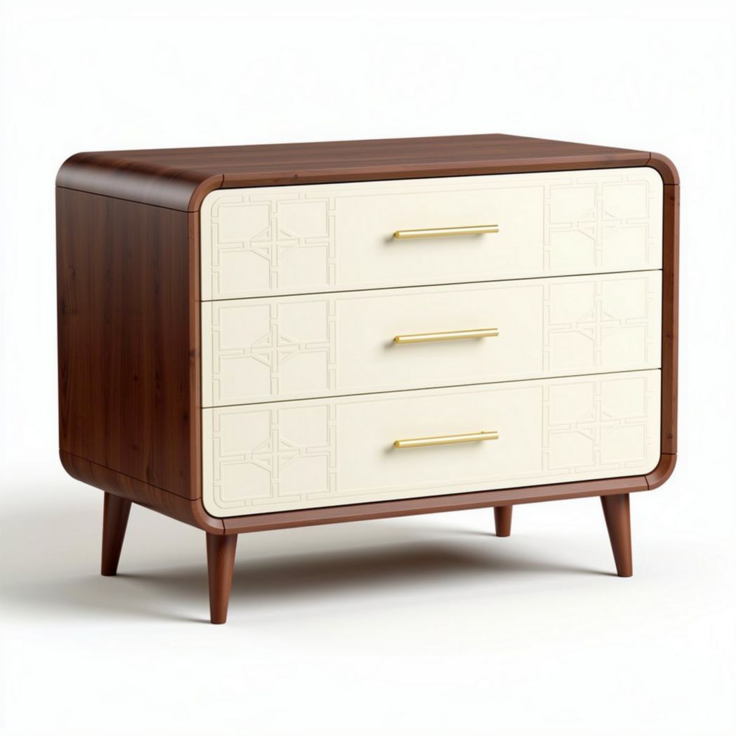 Mid-century style wooden dresser with three drawers in walnut and cream finish 80 x 40 x 75cm