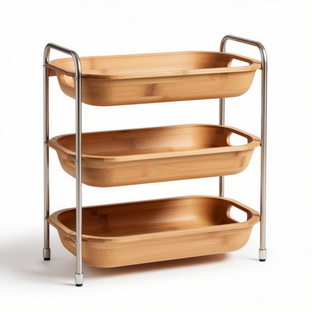Bamboo three-tier storage rack with stainless steel frame for home organization