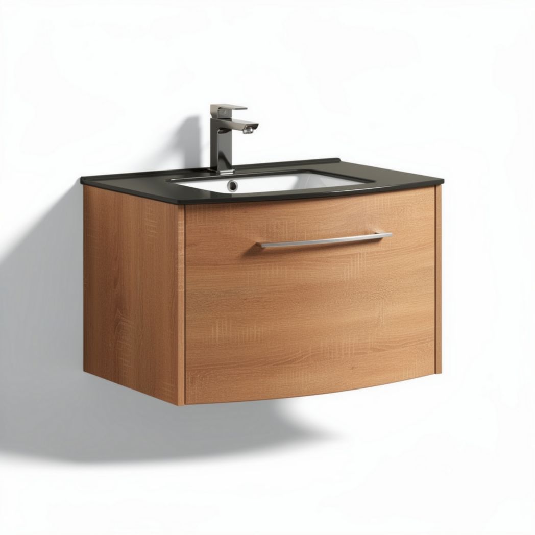 Wall-mounted bathroom vanity with sink and black countertop 50 x 40 x 25cm in natural wood finish