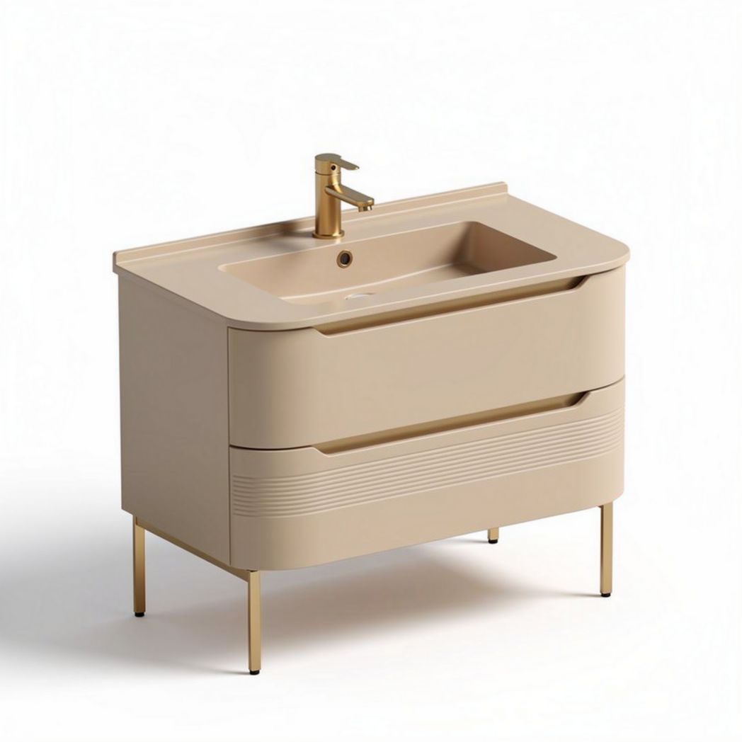 Sleek beige vanity cabinet with gold faucet and spacious storage 90 x 45 x 85cm