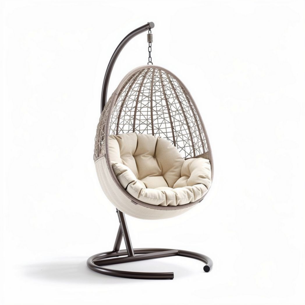 Hanging egg chair with soft cushion and sturdy metal frame in beige color