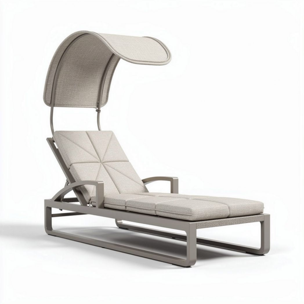 Patio lounge chair with adjustable canopy in beige fabric and aluminum frame