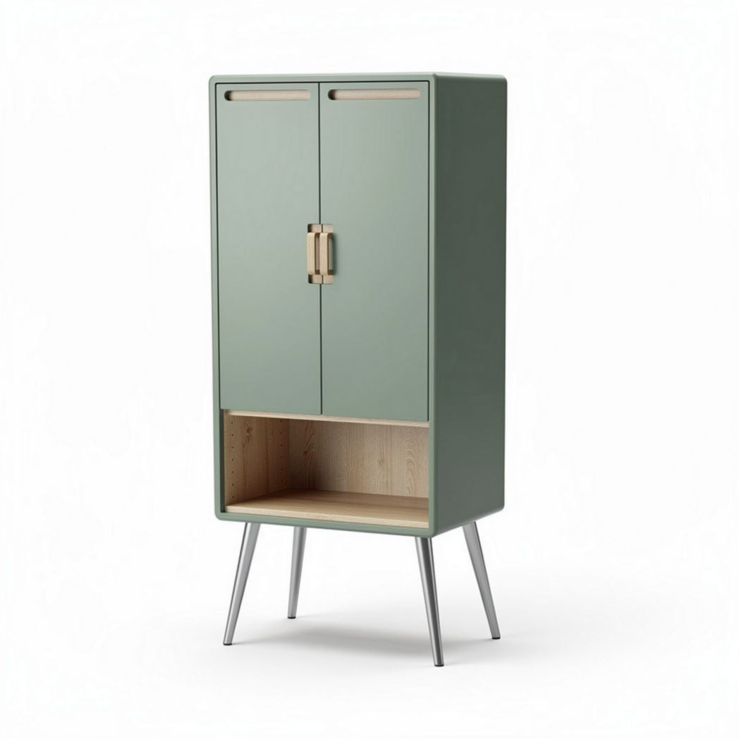 Green wooden storage cabinet with open shelf and metal legs 85 x 50 x 30cm