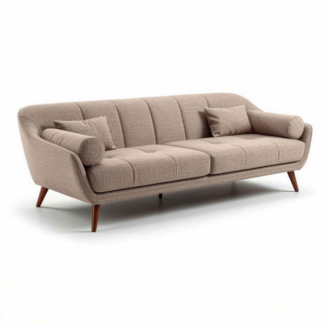 Modern upholstered sofa with wooden legs and throw pillows in beige 200 x 85 x 75cm